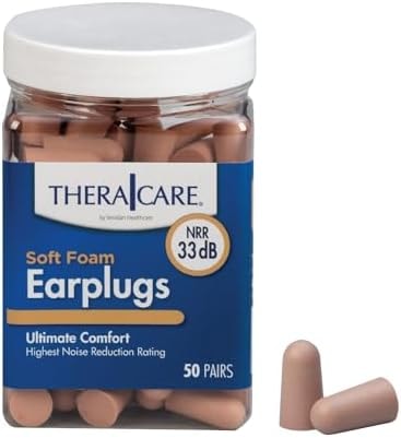 TheraCare Soft Foam Earplugs, 50 Pairs Per Jar, 33 dB Noise Reduction