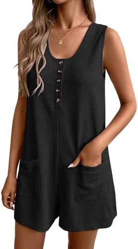 Ekouaer Womens Romper Summer Short Overalls Loose Jumpsuit Waffle One Piece Outfits Beach Vacation Clothes Black XL