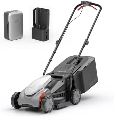 Litheli 14 Inch Cordless Lawn Mower, Lightweight Foldable Push Mower with 5.0Ah Battery, Brushless Motor Lawnmower for up to 3000 Sq. Ft, 5-Position Height Adjustment (1-2.5 in), Includes Charger