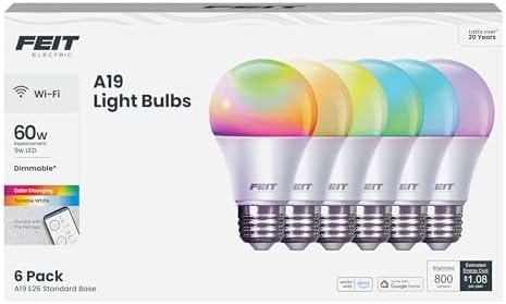 Feit Electric A19 Smart LED Light Bulb, 60W Equivalent, Dimmable, RGBW Color Changing, Alexa & Google Home Compatible, 2.4GHz Wi-Fi Enabled, 800 Lumens, 25,000-Hour Lifetime, OM60/RGBW/CA/AG/6, 6-Pack