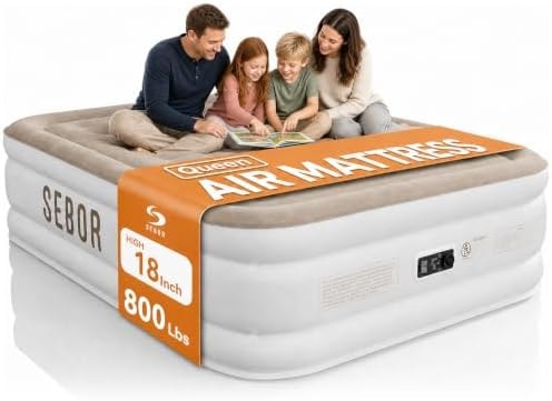 Sebor Queen Air Mattress with Built-in Pump, 18" Raised Blow Up Bed, 800 lb