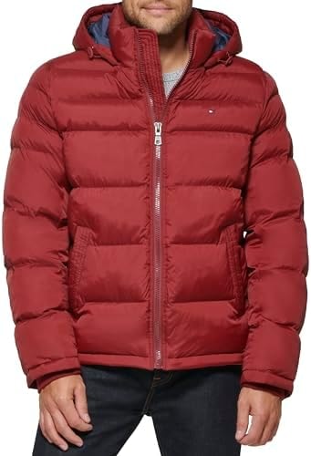Tommy Hilfiger Men's Hooded Puffer Jacket, New Matte Red, X-Small
