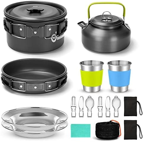Odoland 15pcs Camping Cookware Mess Kit, Lightweight Pot Pan Kettle Set