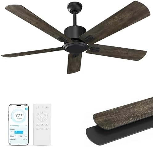Obabala 52 Inch Ceiling Fan No Light, Modern Black Ceiling Fan Without Light with Remote & APP, Quiet Reversible DC Motor, 6-Speeds, for Living Room, Bedroom, Patio (Black+Brown)
