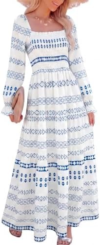 Caracilia Women Long Sleeve Square Neck Floral Fall Maxi Dress with Pockets