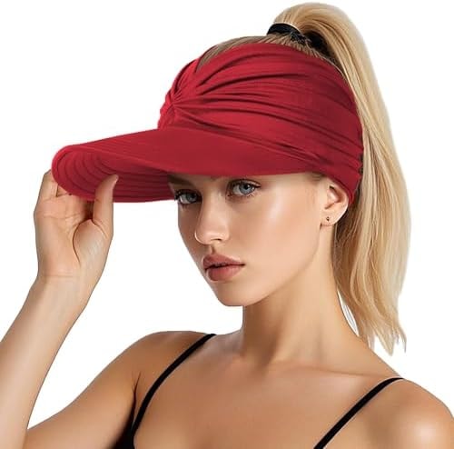 Sun Visor Hats, Wide Brim Sun Hats for Women, UPF 50+ UV Protection Visors for Women, Foldable Packable Ponytail Beach Summer Visor for Sports, Tennis, Golf, Running Wine Red