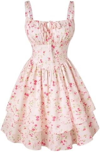 Scarlet Darkness Floral Mini Corset Dress for Women Teen 2026 Summer Spring Flowy A-Line Sundress with Pockets Beige Red Floral XL