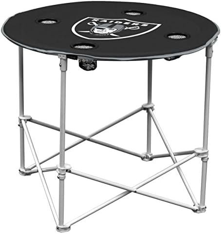 NFL Logo Brands Oakland Raiders Collapsible Round Table with 4 Cup Holders and Carry Bag, Team Color