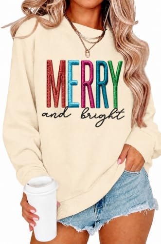 HOTHYPOP Christmas Sweatshirts For Women Crewneck Embroidered Tops