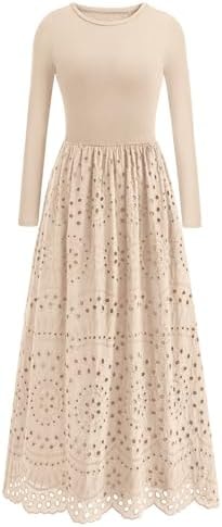 dowerme Women Spring Dresses 2026 Casual Long Sleeve Crewneck A-Line Boho Eyelet Cotton Maxi Wedding Guest Dress Pockets(Beige,Medium)