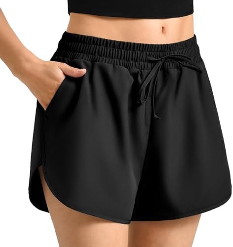 Walifrey Running Shorts for Women with Pockets High Waist Quick Dry Black L