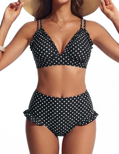 Hanna Nikole Women High Waisted Bikini Sets Black White Polka Dots M