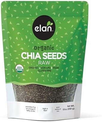 Elan Organic Chia Seeds, 8.8 oz, Natural Raw Black Chia Seeds, Plant-Based, Non-GMO, Vegan, Gluten-Free, Kosher, Gels Easily, Superfood