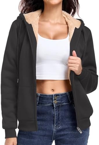 Little Beauty Womens Zip Up Hoodies Warm Sweatshirt Winter Thick Fleece Lined Hooded Jacket Casual Cozy Coat Grey,L