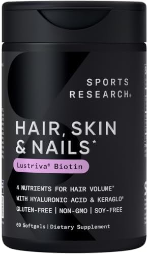 Sports Research® Hair, Skin & Nails Complex - Supports Hair Growth, Glowing Skin & Strong Nails - w/Lustriva® Biotin, Collagen, Hyaluronic Acid & KeraGLO® Keratin - Non-GMO, Gluten-Free, 60 Softgels