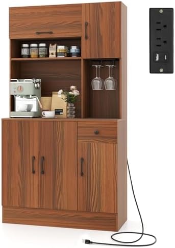 GIANTEX 66" Kitchen Pantry Cabinet with Charging Station & Hutch, Walnut