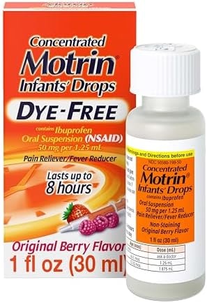 Motrin Infants' Ibuprofen, Fever Reducer, Dye and Alcohol Free, Concentrated Drops, Oral Suspension, Includes Clear Syringe with Markings for Dose Measuring, Berry Flavor 1 Fluid Ounce