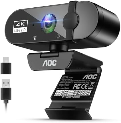AOC 4K Webcam for PC, Streaming Computer Camera with Noise-Canceling Mic