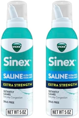 VICKS Sinex Saline Extra Strength Nasal Spray, 3X Concentrated* Drug Free Ultra Fine Mist, Instantly Clears Mucus, Ultra Concentrated to Clear Congestion Fast, Safe For Daily Use, 5 OZ x 2