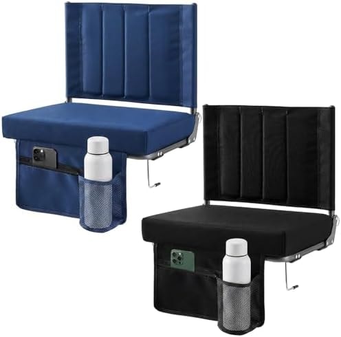 Sweetcrispy Stadium Seats with Back Support 2 Pack, Wide Padded Bleacher Chairs Portable Folding Bleachers, 15.6" High Back, 3.15" Thick Cushion for Outdoor Sports Concerts Camping, Black & Navy Blue