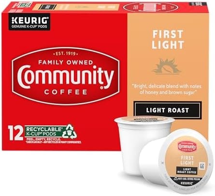 Community Coffee First Light, 12 Keurig Coffee Pods, Light Roast, Compatible with all K-Cup Brewers, 12 Count (Pack of 1)