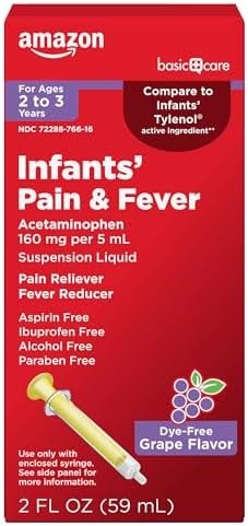 Amazon Basic Care Infants' Pain & Fever, Pain Reliever, Fever Reducer, Acetaminophen 160 mg per 5 mL, Suspension Liquid, Dye-Free Grape Flavor, 2 fl oz (1-Pack)