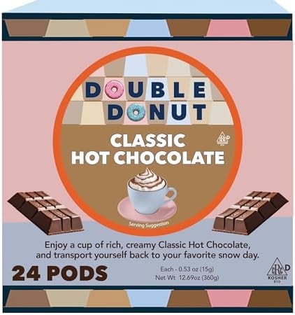 Double Donut Hot Chocolate Pods for Keurig K Cups Brewers, Single Serve Classic Hot Cocoa Pods, 24 Count