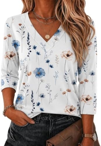 Zeagoo Women's 3/4 Sleeve Shirts Floral Printed Dressy Casual Tops Blouses