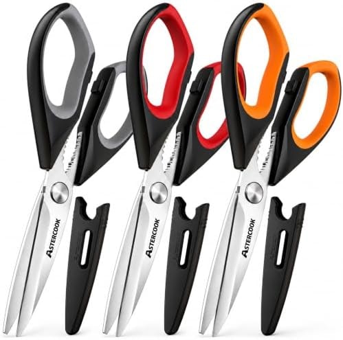 Astercook Kitchen Scissors, 3-Pack Heavy Duty All-Purpose Kitchen Shears for Poultry, Meat, Herbs, Vegetables & Packaging, Stainless Steel Blades with Covers, Dishwasher Safe, Color-Coded