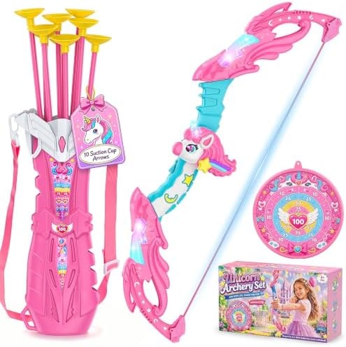 Rainbow Unicorn Bow and Arrow Set for Girls Ages 3-12, 4 Magic Lights