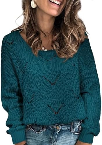 Dokotoo Womens Ladies Cute Autumn Winter Fall 2025 Soft Warm V Neck Color Block Hollow Out Chunky Cozy Long Sleeve Cable Knit Pullovers Sweaters for Women Blue X-Large