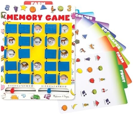 Melissa & Doug Flip-to-Win Portable Wooden Travel Game Board with 25 Flaps & 7 Double-Sided Memory Game Cards—Animals, Colors, Fruits, Shapes & Much More—Preschool Toys for Kids Ages 5+