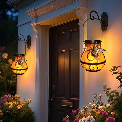 Fermionix 2-Pack solar lights outdoor Decorative Lanterns - Hanging Flame Effect Waterproof Plastic Hummingbird-Shaped Lights, patio decorations outdoorfor Outdoor Patios, Gardens, Balconies, and More