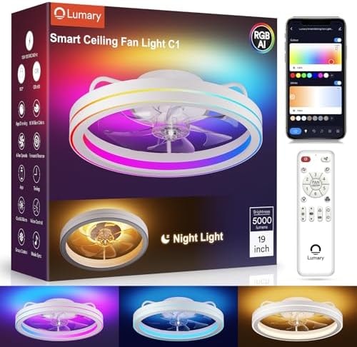 Lumary Smart Ceiling Fan Light with 2200K Nightlight, WiFi & Bluetooth Low Profile Ceiling Fan with Light Remote for Bedroom, RGBAI & 42 Scenes Mode, Flush Mount Easy to Install, 5000 LM, 19in White
