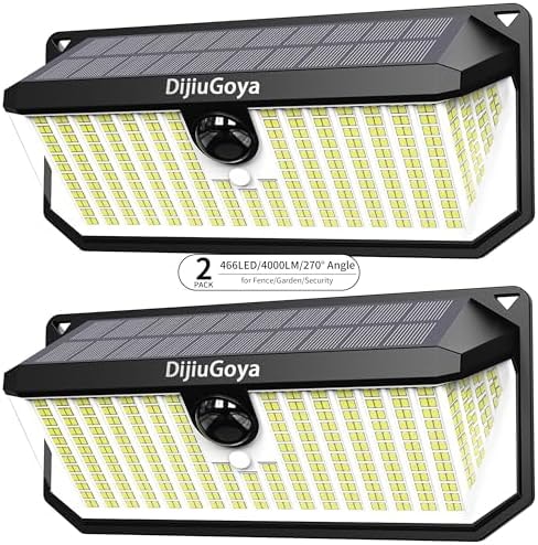 DijiuGoya Solar Security Lights Outdoor, 466 LED 4000Lm Ultra Bright, 270° Wide Motion Sensor, IP68 Waterproof, 3 Modes Dusk-to-Dawn Solar Flood Light for Driveway Fence Garden Garage, 2-Pack