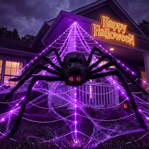 Halloween Decorations Spider Web Lights, 255 LED 16.4Ft Light Up Spider Web, Scary Lighted Outdoor Halloween Decoration for Yard Lawn Haunted House Indoor Outdoor Decor Purple