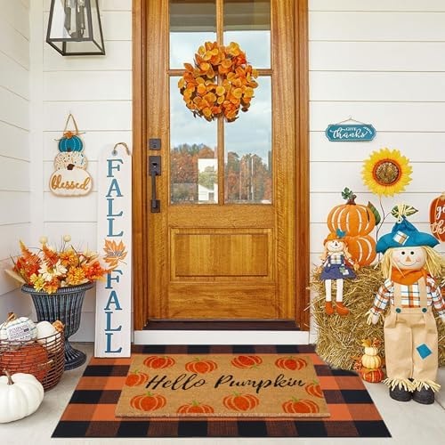 Fallovea Fall Door Mat Combo Set, Hello Pumpkin Coco Coir Welcome Doormat + 28" x 43" Orange and Black Plaid Rug, Autumn Thanksgiving Front Porch Entryway Decor Floor Mats