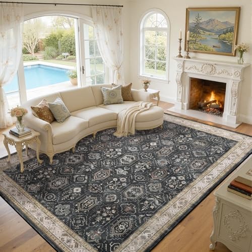 Groovoft 5x7 Area Rug for Living Room, Washable Vintage Small Rug, Soft Low Pile Non Slip Distressed Carpet for Bedroom Dining Room Nursery Home Office, Black Grey