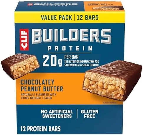 CLIF BUILDERS Protein Bars, Chocolatey Peanut Butter, 20g Protein, Gluten Free, Non-GMO, 12 ct