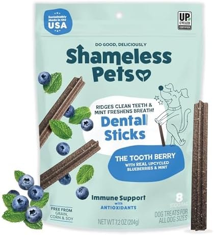 Shameless Pets Blueberry & Mint Dental Chews for Dogs, 8 Chews - Natural Dog Teeth Cleaning Treats with Fresh Breath Benefits | Grain-Free Dental Sticks for Small, Medium & Large Dogs