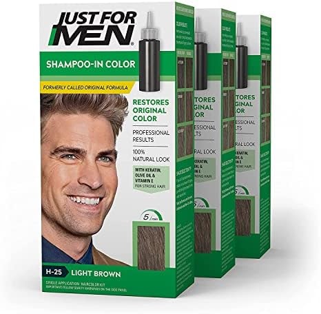 Just For Men Shampoo-In Color (Formerly Original Formula), Mens Hair Color with Keratin and Vitamin E for Stronger Hair - Light Brown, H-25, Pack of 3 (Packaging May Vary)