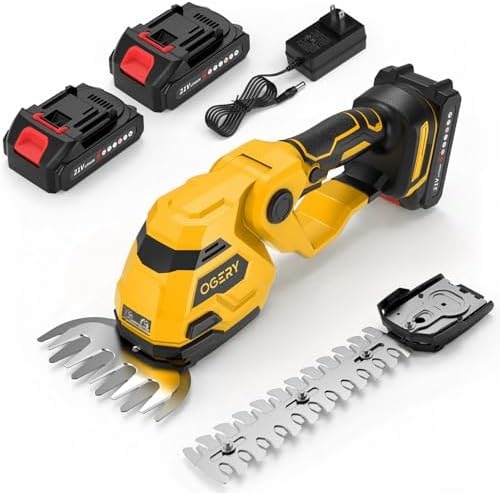 OGERY 21V Cordless Hedge Trimmer & Grass Shears, 2-in-1 Powerful Dual Batteries Electric Bush Trimmer with 8.9” Hedge Blade & 5.1” Grass Trimmer, Adjustable Angle, Lightweight for Garden & Lawn Care