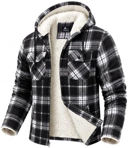 GEEK LIGHTING Men's Flannel Shirts Jacket Sherpa Lined Plaid Zipper Hoodie