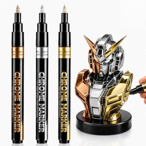 HOTU Liquid Chrome Markers Pens,3 Colors Gold Silver Copper, Permanent Mirror Chrome Paint Pens for Smooth Surfaces: Model, Metal,Wheel Painting, Plastic, Leather, Jewelry, Touch-Up