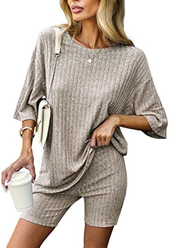Ekouaer 2 Piece Lounge Set Women Ribbed Knit Oversized Shirts Biker Shorts Airport Outfits Track Suits Camel 24W