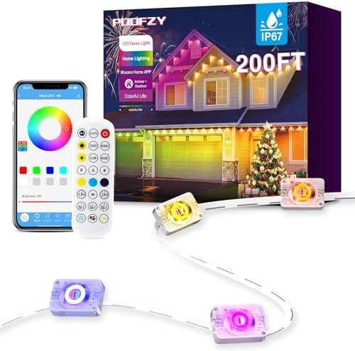 POOFZY Permanent Outdoor Lights for House,200ft RGB+IC Smart Outdoor Decor, 50 Scene Modes,App/Remote Control,IP67 Waterproof,for Christmas,Easter,V-Day,Thanksgiving,Daily & Holiday Party Decor