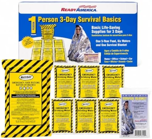 Ready America The Survival Box, 1-Person, 3-Day Emergency Kit Includes 5 Year Emergency Food, Water, Emergency Blanket Portable Disaster Preparedness Go-Bag for Earthquake, Fire, Flood, Hurricane