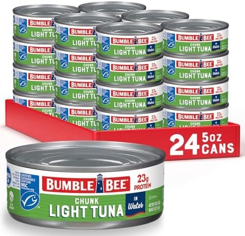 Bumble Bee Chunk Light Tuna In Water, 5 oz Cans (Pack of 24) - Wild Caught Skipjack Tuna - 23g Protein Per Serving - MSC Certified Sustainable Seafood, Non-GMO, Gluten Free, Kosher