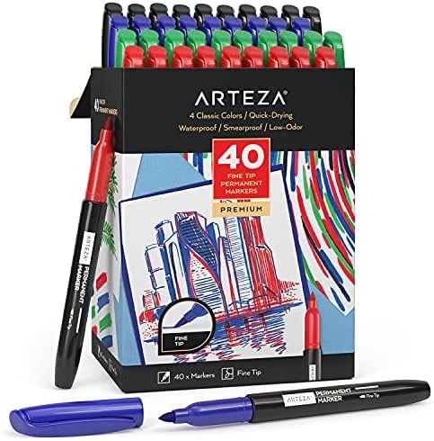 ARTEZA Colored Permanent Markers, Set of 40, Fine Tip Paint Pens
