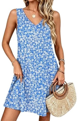 ANRABESS Summer Dress for Women,V Neck Sleeveless Sundress,Loose Fit,Soft Travel Vacation Outfits,Cute Beach Cover Up Clothes Blue White Floral Medium